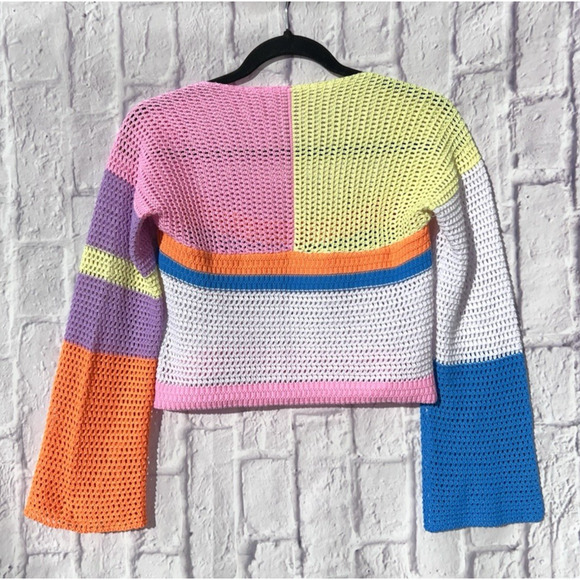 Neon Loose Crocheted Cropped Sweater Multi Color Bell Sleeve Square Neckline S - Picture 2 of 6
